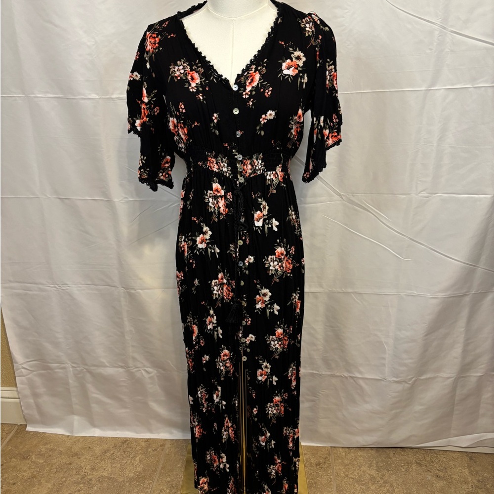 Rue 21 Black Floral Button Front Maxi Dress Size Small Boho‎